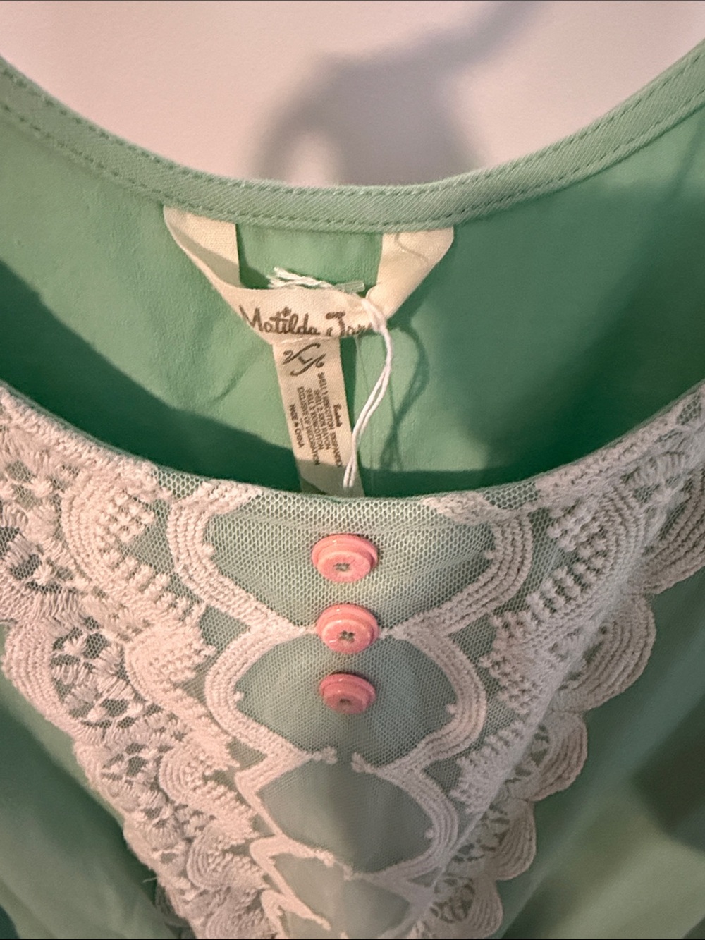 Matilda Jane Mint Green Lace Panel Dress with Pink Buttons - Picture 2 of 6
